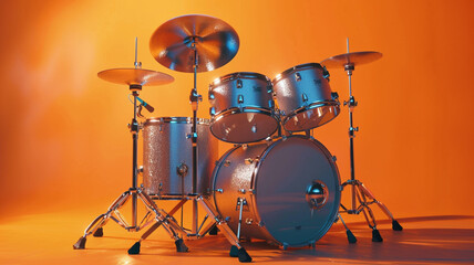 A sleek silver drum set against a dynamic orange backdrop, its drums and cymbals poised for energetic beats that drive the rhythm of the music forward with intensity and vitality.