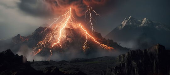 volcano eruption, mountain, lightning, disaster 27 - obrazy, fototapety, plakaty