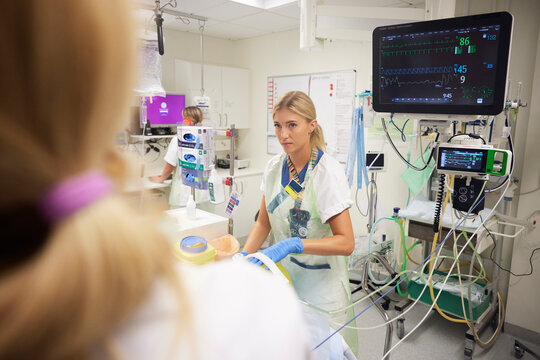 Female cardiologists with patient in operating room at hospital