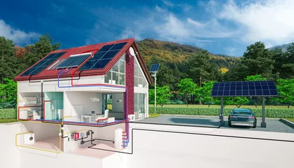 Fotobehang Energy supply with heat pump and solar system in a low-energy house - 3D Visualisation © 4th Life Photography