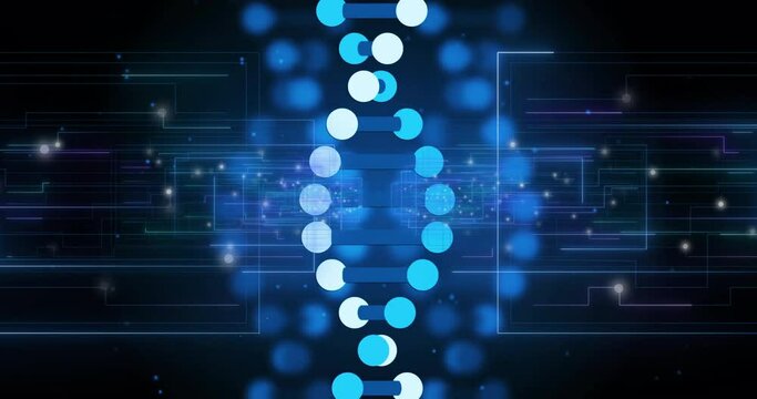 Animation of dna strand over blue interface outlines and white light spots on black background