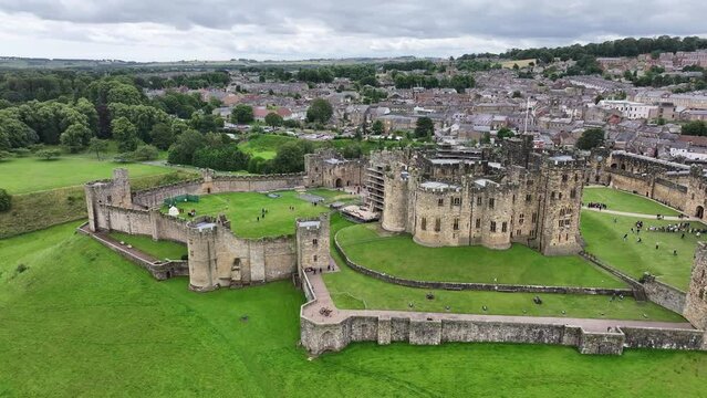 Alnwick Castle, Northumberland, England UK. Aerial View of Medieval Landmark and Town, Drone Shot