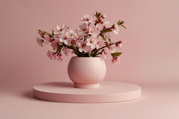 Cherry blossoms in vase on pink background. Minimal style.