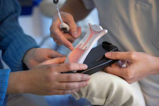 Midsection of female gynecologist explaining IUD insertion in cervix model to boy in clinic