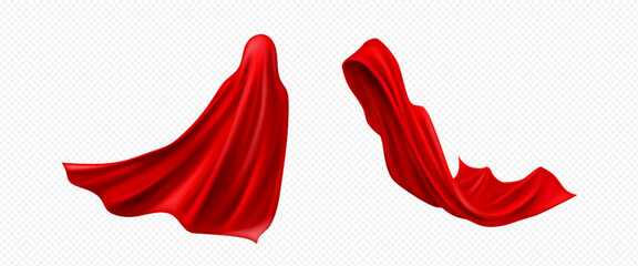 Fototapeta premium Red superhero cloak set isolated on white background. Vector realistic illustration of silk cloth drapery flying in wind, halloween costume mantle, textile curtain for home interior design, satin cape