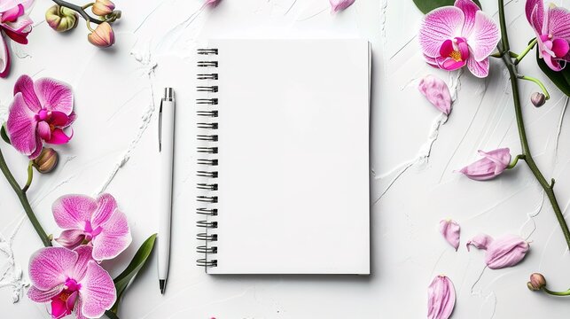 Female workspace mockup with notepad, pen and pink orchid on white background, top view ,generative ai