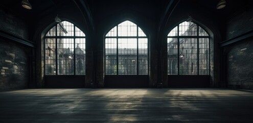 Spacious empty industrial loft with large windows and sunlight casting shadows on the floor. - obrazy, fototapety, plakaty