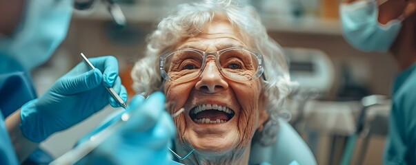 Obraz premium Elderly Woman receiving dental treatment in a professional setting with ample space for text. Concept Elderly Care, Dental Treatment, Professional Setting, Space for Text