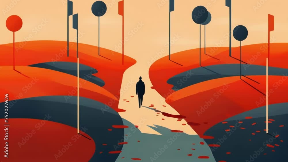 Aufkleber a person walking down a path with multiple signs pointing in different directions demonstrating the 