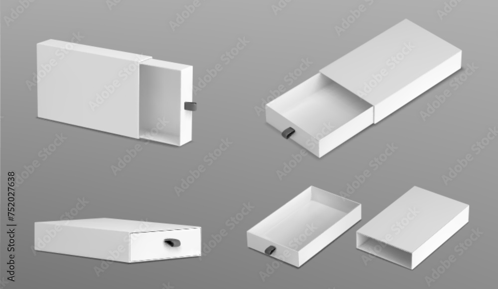 Poster 3d set of slide boxes isolated on gray background. vector realistic illustration of open and closed 