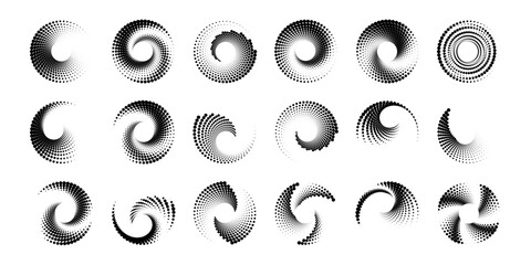 Big set of circular halfton spirals. Vector halftone dots background for design banners, posters, business projects, pop art texture, covers. Geometric black and white texture.