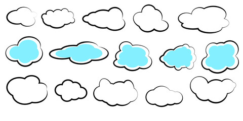 Big set of hand drawn scribble clouds. Collection of abstract contour clouds drawn with brushes in doodles style. Vector. Line art..​