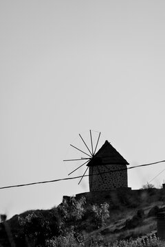 windmills - the stone village Kontias, Lemnos island, Greece, Aegean sea - vlack and white photo