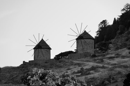 windmills - the stone village Kontias, Lemnos island, Greece, Aegean sea - vlack and white photo