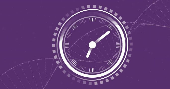 Animation of circular scanner with clock hands over dna on purple background