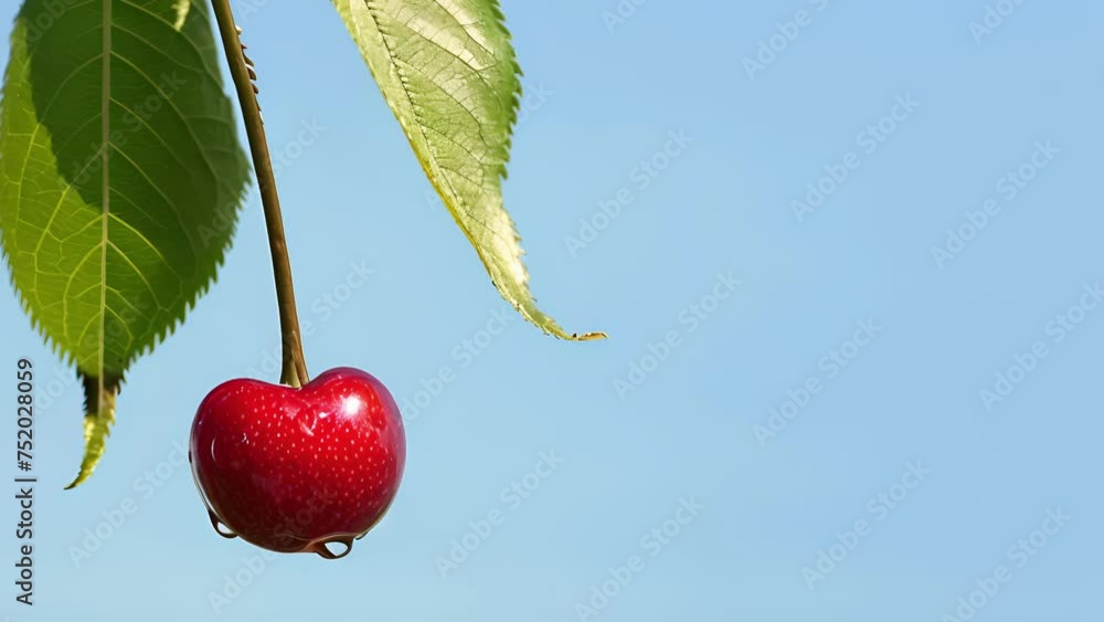 Poster a lone cherry hangs from a tree branch against a backdrop of a clear blue sky. the cherry is a deep 