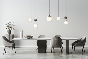 Minimalistic dining area with grey-toned ambiance and extended table, on isolated white background, Generative AI - obrazy, fototapety, plakaty