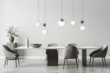 Foto op Plexiglas Minimalistic dining area with grey-toned ambiance and extended table, on isolated white background, Generative AI © Box Milk