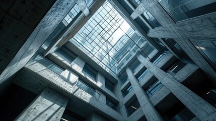 Obraz premium Modern architecture interior with geometric concrete walls and glass ceiling, creating a pattern of light and shadow.