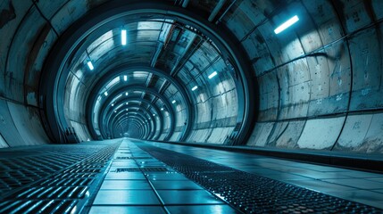 Futuristic tunnel with metallic walls and blue lighting, conveying a modern or sci-fi theme.