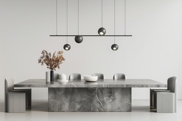 Modern dining room setup with minimalist approach and lengthy grey table, on isolated white background, Generative AI