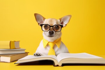 Dog student sitting with open book