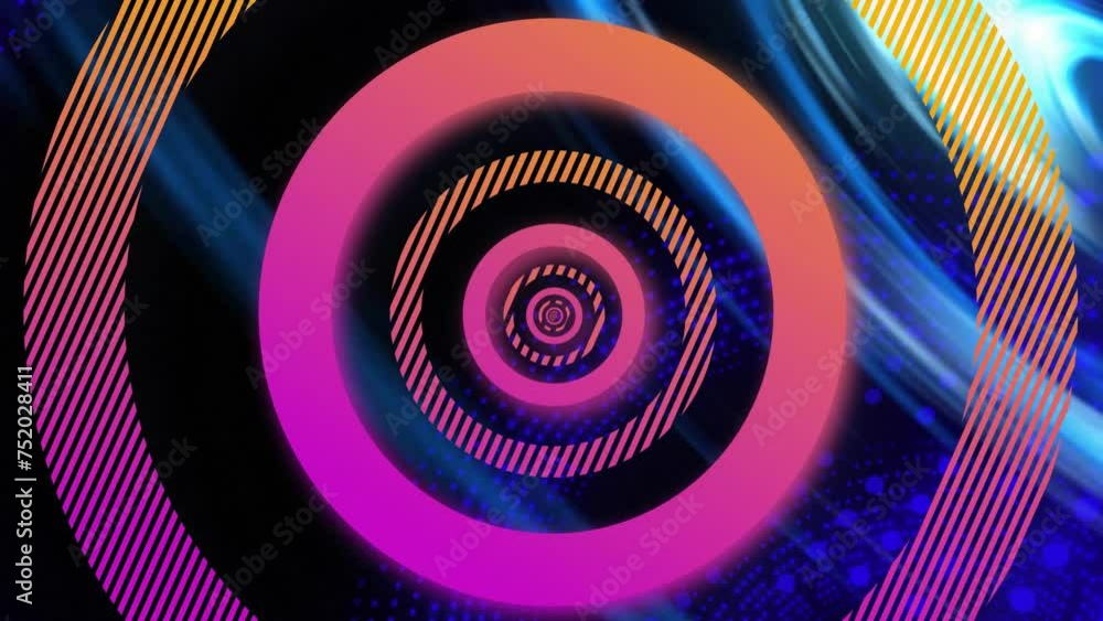Poster animation of pink and orange concentric data loading rings processing over blue light swirl