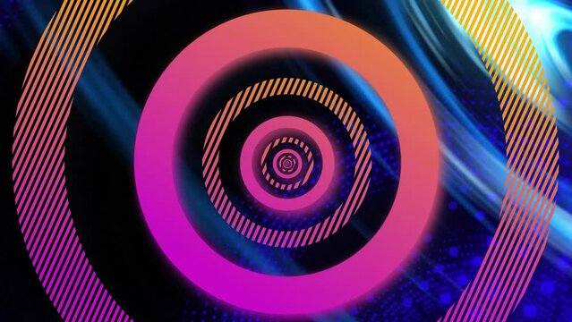 Animation of pink and orange concentric data loading rings processing over blue light swirl