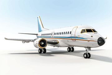 Modern white corporate business jet isolated on bright background with sky