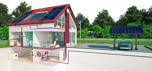 Energieversorgung mit Wärempumpe und Solaranlage bei einem Niedrigenergiehaus - 752028641