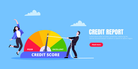 Man and woman push credit score arrow gauge speedometer indicator with color levels. Measurement from poor to excellent rating for credit or mortgage loans concept flat style vector illustration.