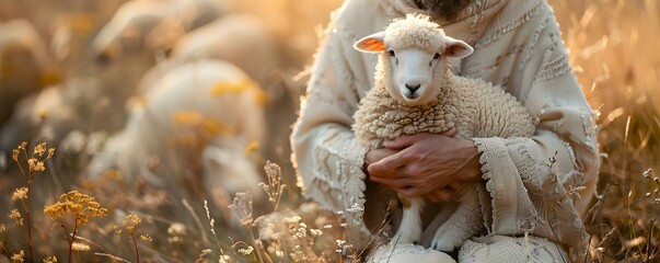 Devoted man in robe tenderly holds sheep in serene setting. Concept Religious devotion, Serene setting, Animal love, Tender moment, Traditional attire