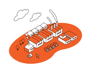 工場が並ぶ風景のアイソメイラスト