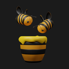 Cute Little 3D Bee Flying with Black Background