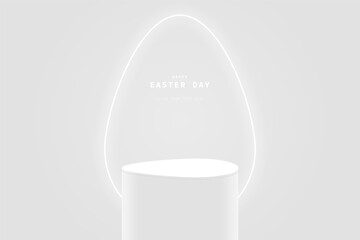White 3D egg cylinder podium pedestal realistic or stage for showcase with glowing neon egg shape. Minimal wall scene for mockup product. 3D vector geometric platform. Happy easter's day. - obrazy, fototapety, plakaty