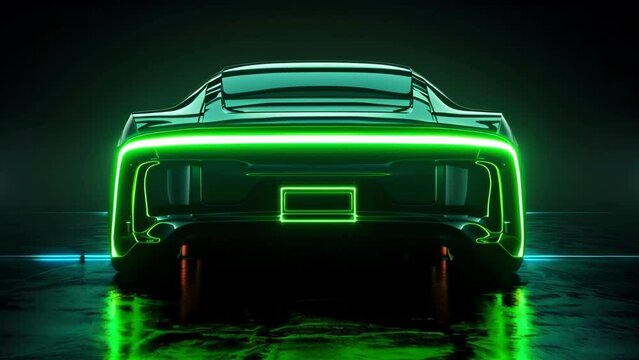 Neon green lights framing the license plate creating a bold and eyecatching contrast against the black background.