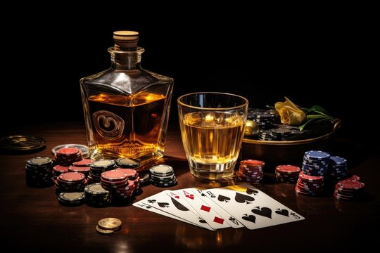 Casino chips decoration ,Casino still life with deck of playing cards, poker chips, bottle of whiskey, glass, Ai generated