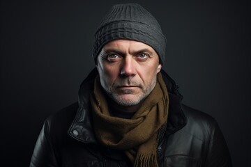 Portrait of a middle-aged man in a hat and scarf.