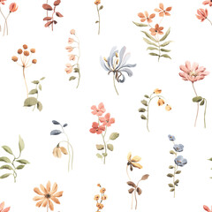 Watercolor seamless pattern of abstract wildflowers and plants, seamless color illustration for wallpapers, textile or floral background in retro style. - 752029858
