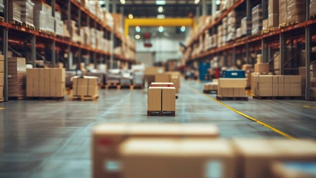 A bustling warehouse filled with goods in cardboard boxes reflecting the positive impact of reshoring on the supply chain and distribution channels within the local economy.