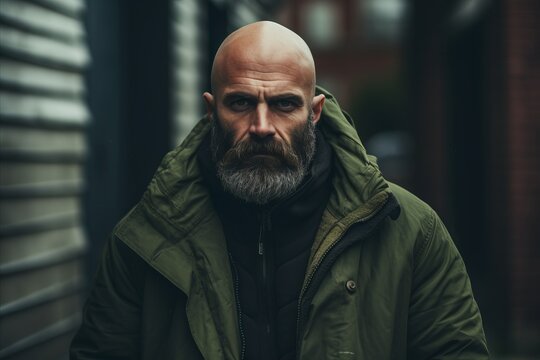 Portrait of a bearded man in a green jacket on the street