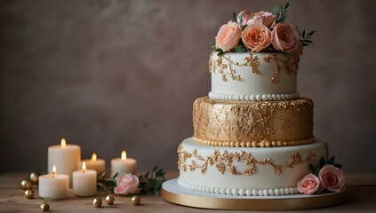 A stunning three-tiered wedding cake adorned with delicate sugar flowers and intricate lace details, perfect for a festive celebration.