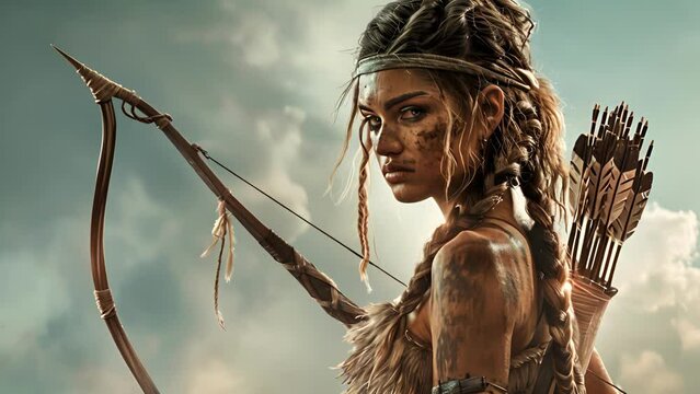 A female warrior her hair braided and adorned with feathers standing in a defensive pose with a long bow and quiver of arrows on her back.