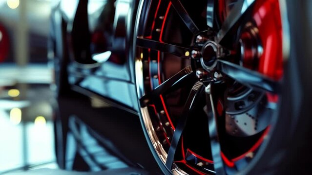 The glossy black coating on the brake caliper is highlighted in the closeup shot giving it a sleek and modern appearance.