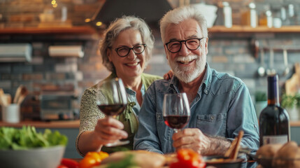 Old couple in kitchen, wine and happiness, cooking healthy food together in home with vegetables. Drink, smile and senior woman with glass in house with man, meal prep and happy lunch in retirement.