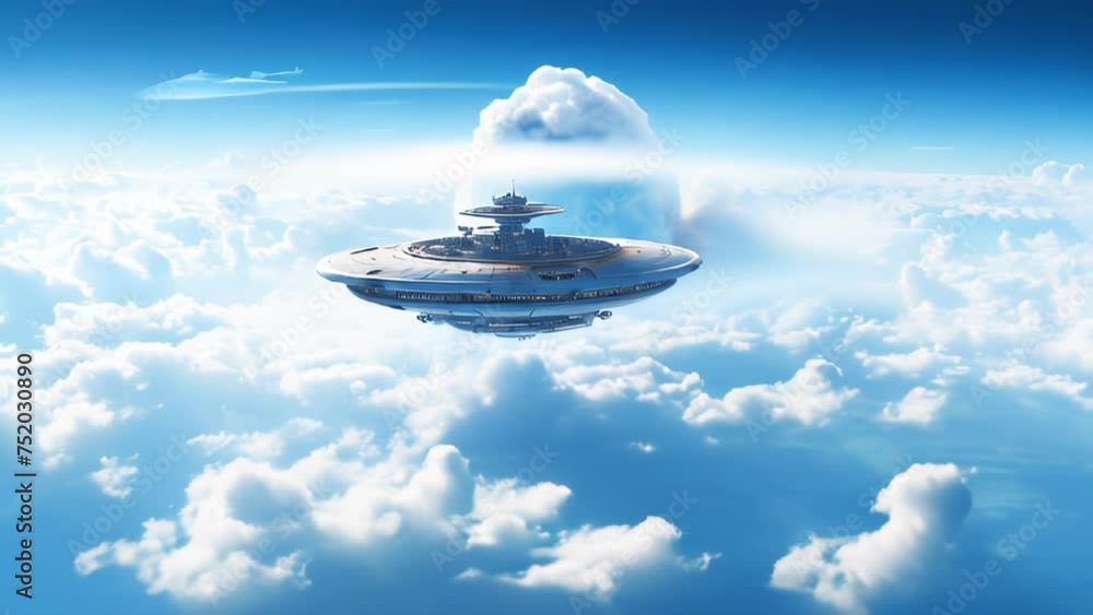 Poster floating advanced technology flying object in the clouds