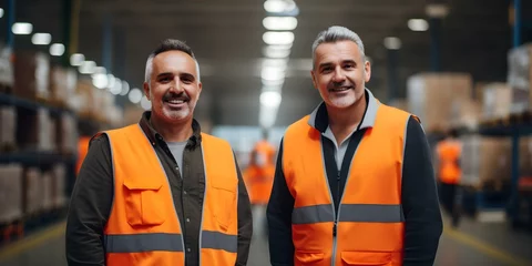 Foto op Canvas Middle-aged male workers in orange vests striking a positive pose in warehouse. Concept Middle-aged workers, Orange vests, Positive pose, Warehouse setting, Industrial work © Ян Заболотний