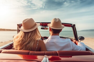 Fototapeta premium Cute couple in love on holiday vacation, View from the back of the cabriolet car that is driving along the beach. Ai generated