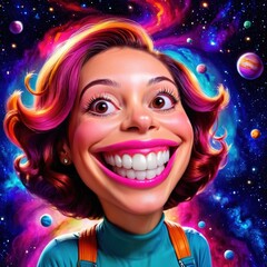 Airhead space cadet woman with big stupid grin, floating in space - obrazy, fototapety, plakaty