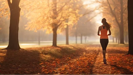 Fotobehang Young woman jogging in autumn park. Healthy lifestyle and fitness. © Thachakrit